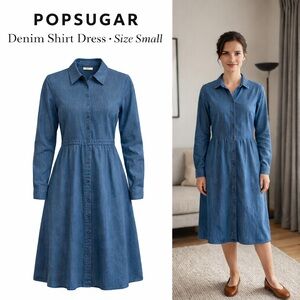 POPSUGAR Denim Shirt Dress Size Small Button Front Long Sleeve Pockets Midi
